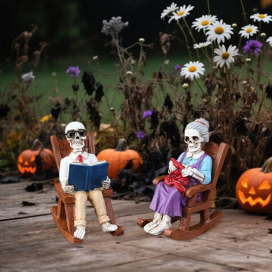 Yousheng 2 Pcs Halloween Rocking Chair Skeleton Elderly Statues Small Reading Knitting Skeleton Figurine Resin Craft for Courtyard Lawn Porch Decor