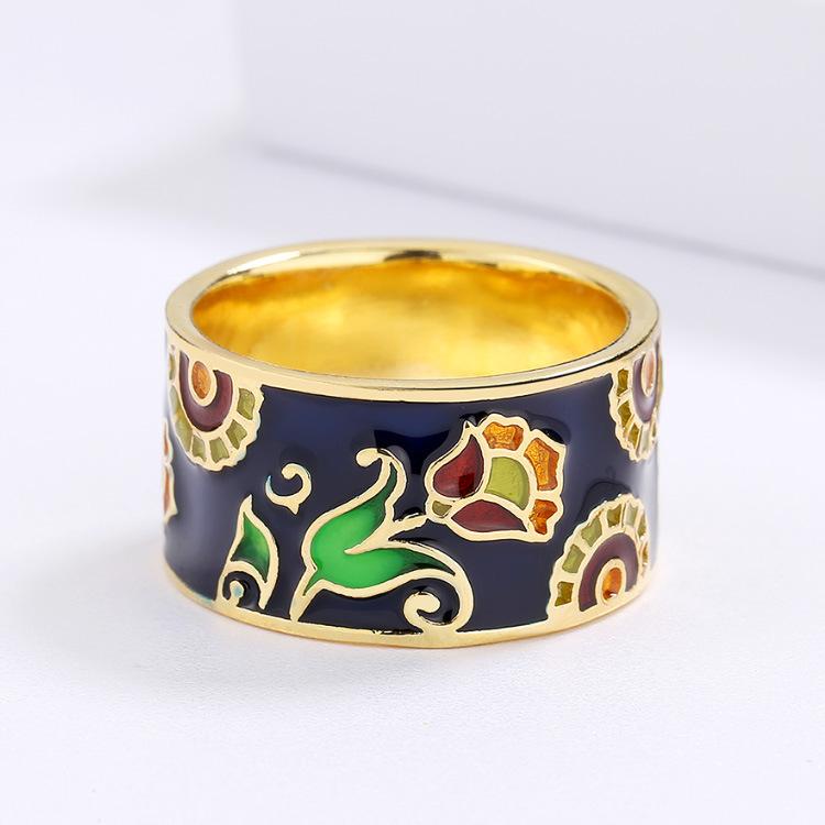 National Style Retro Enamel Ring Earrings Set Gold Plated Classical Temperament Female Jewelry