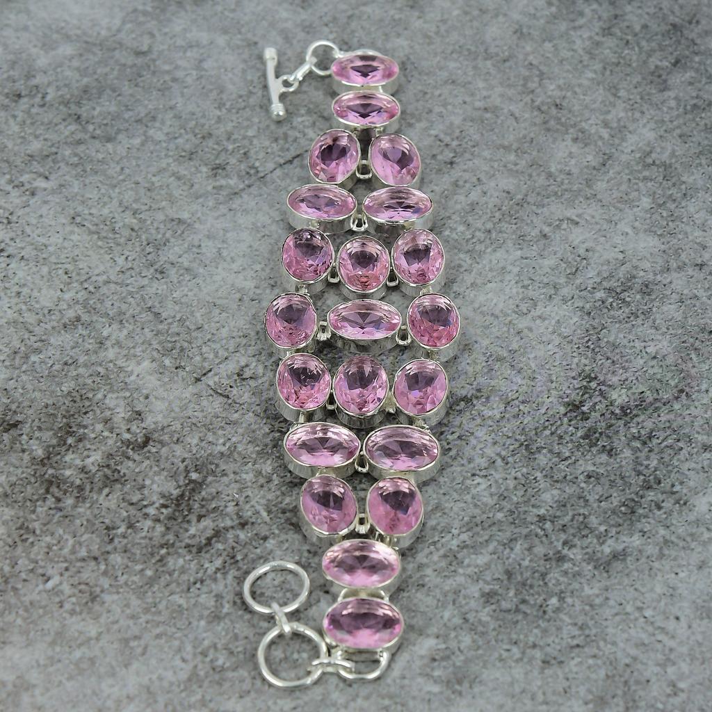 Pink Kunzite Gemstone Handmade 925 Sterling Silver Bracelet 7-8" M-297