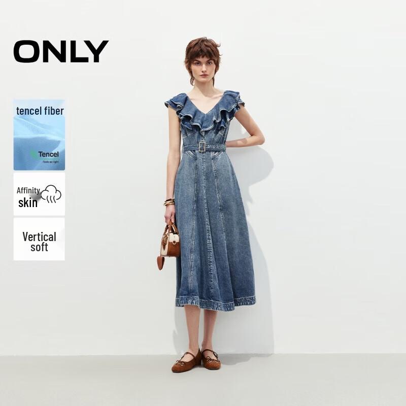 

ONLY Women s Ruffle V-Neck Mid-Length Denim Dress XS