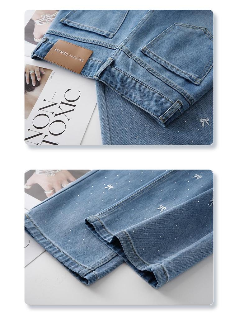 Blaue Strass-High-Waist-Jeans mit weitem Bein für Damen - Sommerkollektion 2025