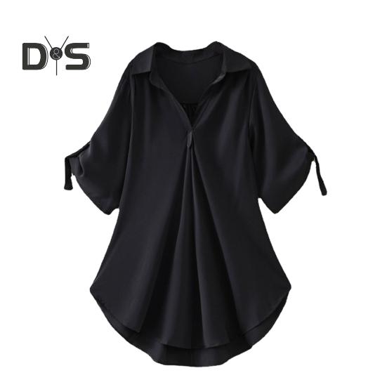 Dámská košile s klopou, poloviční rukáv, střední délka, ležérní topy, jednobarevná, vypasovaná v pase, volný střih, šifonová halenka, pro každodenní nošení