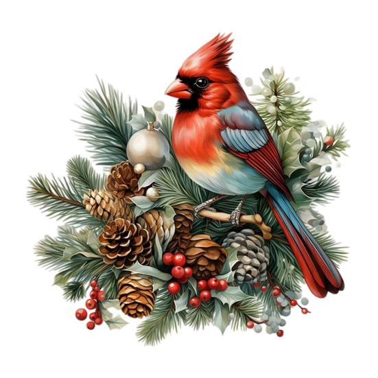 Holiday Pine Branch Stickers Christmas Bird Wall Sticker, Decorative PVC Decal with Cone And Nature Themed Party Art Red Berry, Waterproof Peel
