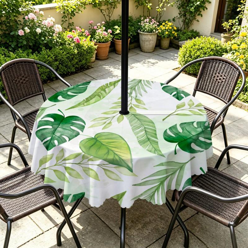 Outdoor Round Tablecloth With Umbrella Hole Waterproof Oil Resistant Floral Leaf Patio Garden Deck