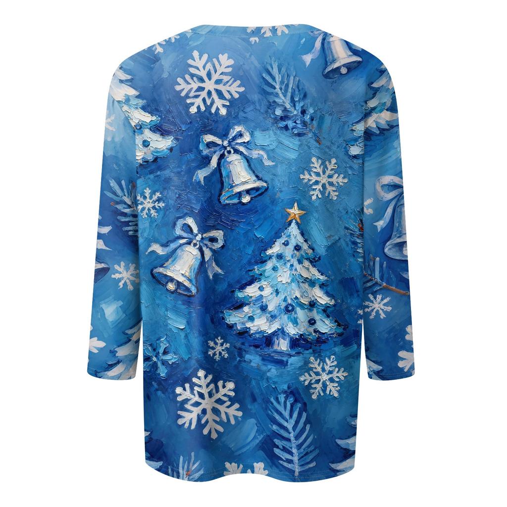 3/4 Sleeve Shirts For Women Print Christmas Tees Blouses Casual Plus Size Basic Tops Pullover