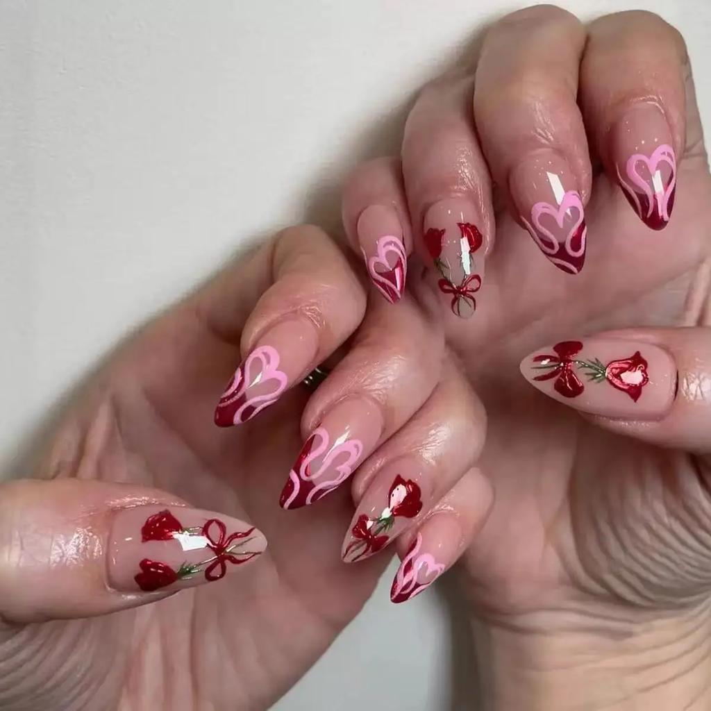 30PCS Almond Shape with Bow Fake Nails Simple White Floral Painted French Design Press On Nails Sweet Gentle Removable Manicure