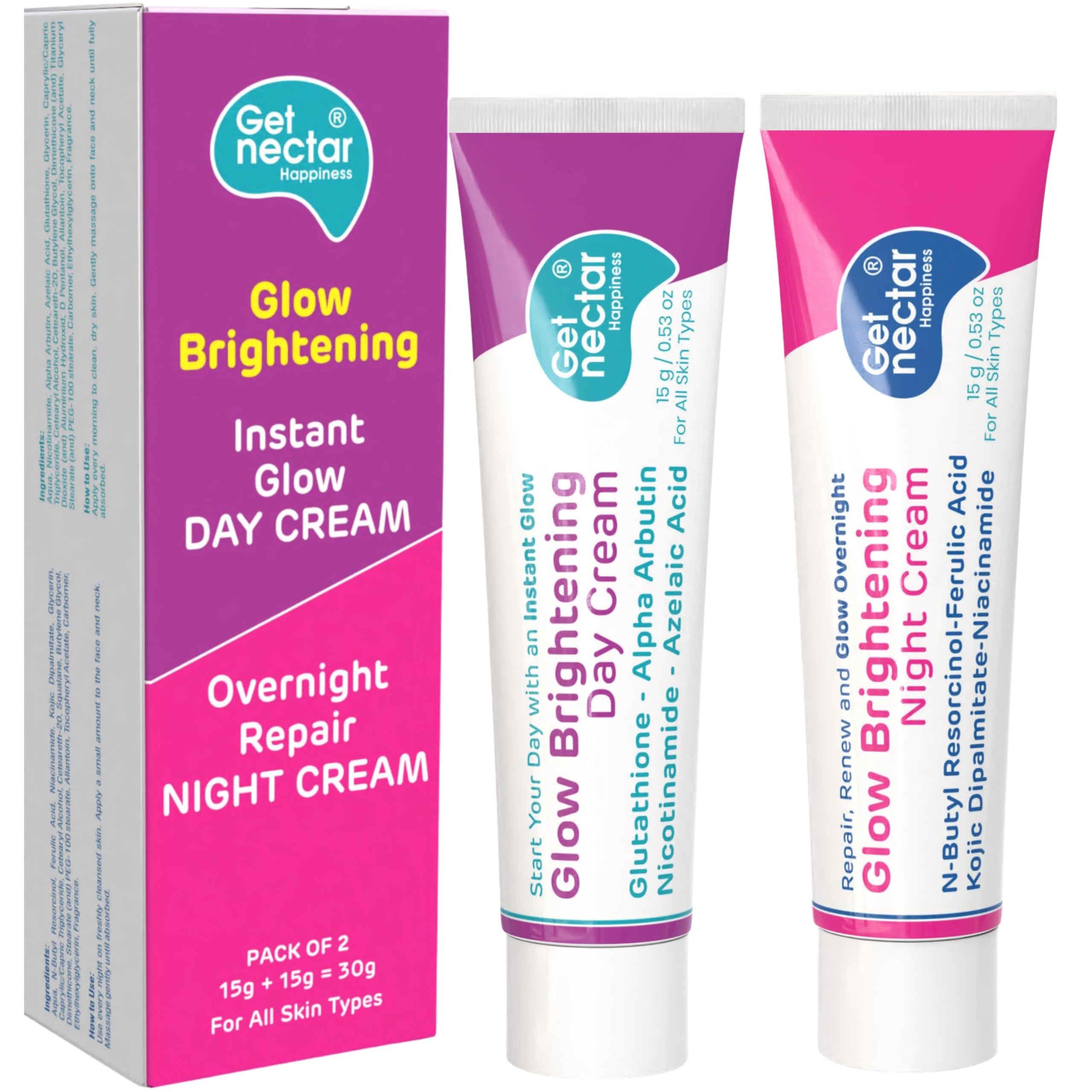 Получите дневной и ночной крем-дуэт Nectar Happiness Glow для осветления с глутатионом, альфа-арбутином, ниацинамидом, койевой кислотой и феруловой кислотой против пигментных пятен,