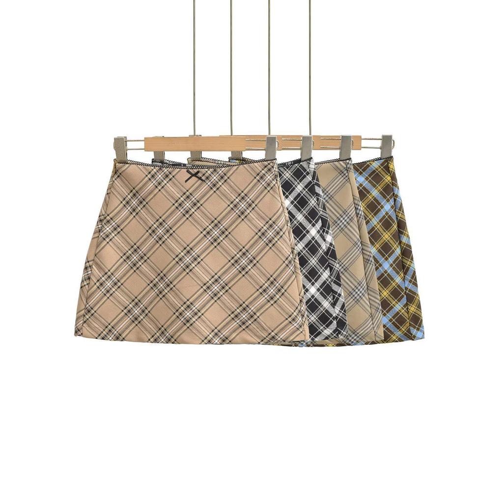 Spring Aristocratic Tartan Plaid Skirt with Safety Shorts - Retro British Style, Bowknot Accent, Hip-Hugging, Versatile Women's Short Skirt.