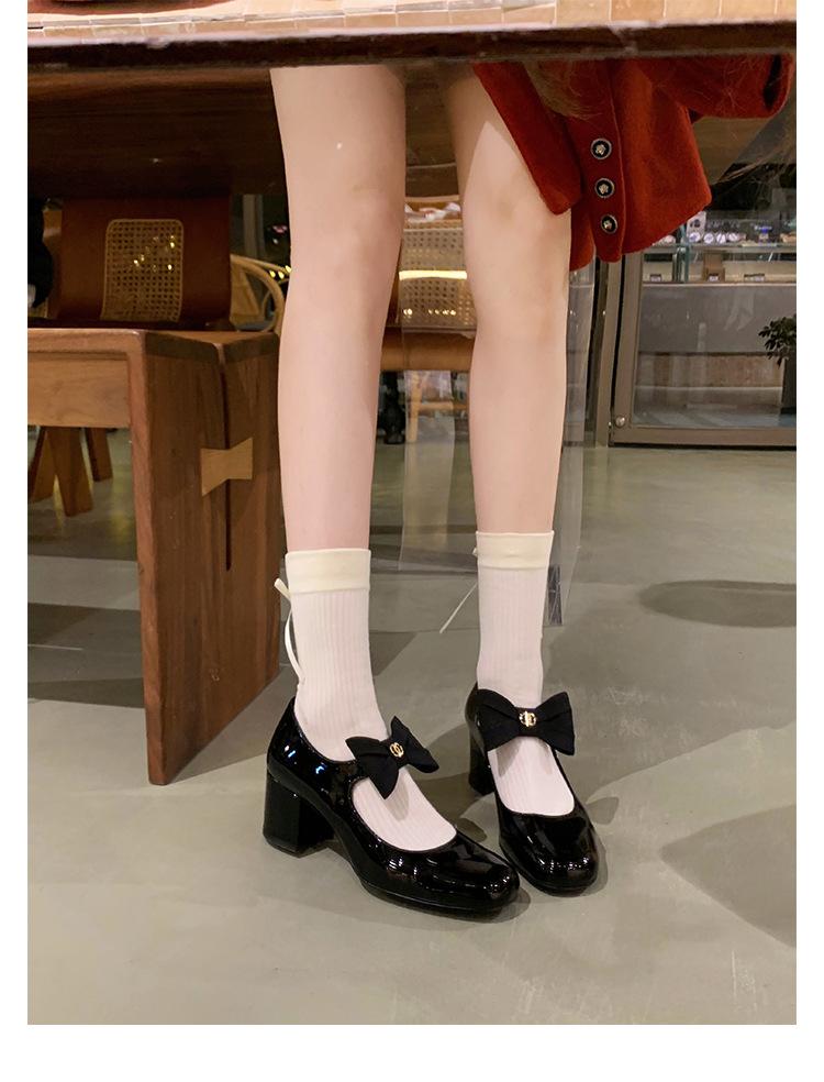 

Sheepskin version~ Leather glossy bow with high heels Mary Jane single shoes women s thick heel socks with evening shoes 34