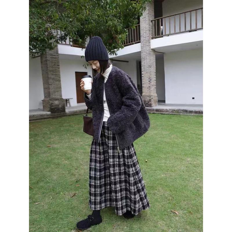 2026 Autumn/Winter Wool Cotton Plaid A-Line Skirt