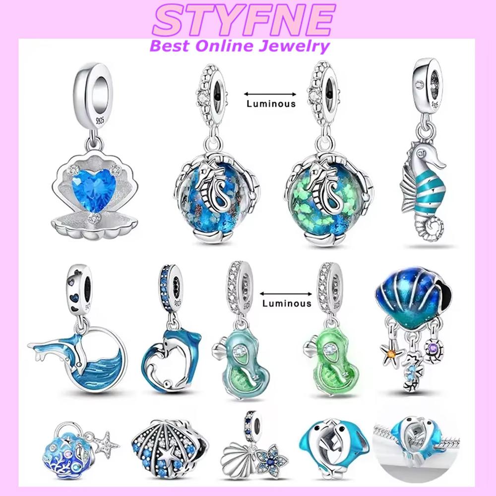 Classic Original Copper Glittering Luminous Blue Heart Shells Snakes Charm Fit Original Bracelet Women Jewelry Diy Gift