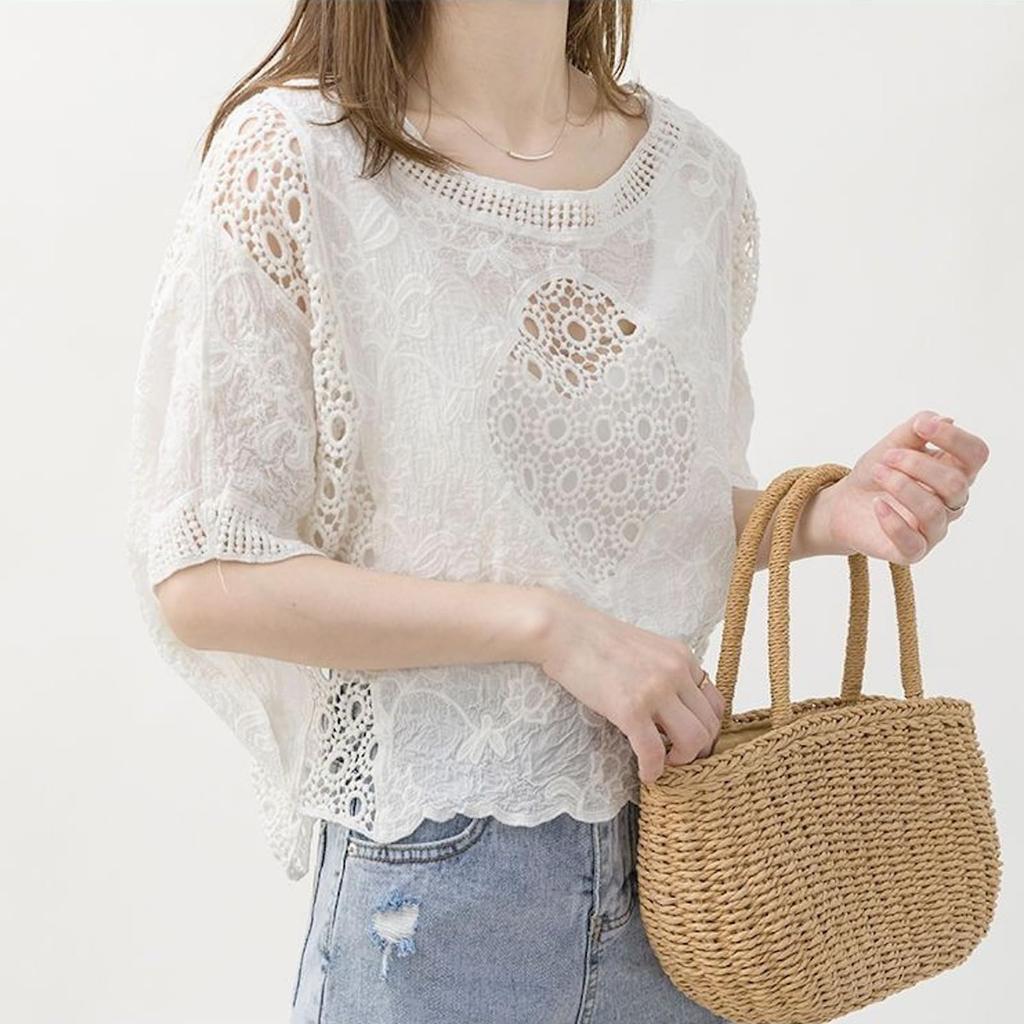 Haveli Lace Short Floral Loose Korean Solid Round Dolman and Stylish One Women's Blouse, Sleeve, Sheer, Print, Fit, Feminine, Stylish, Casual, Style,