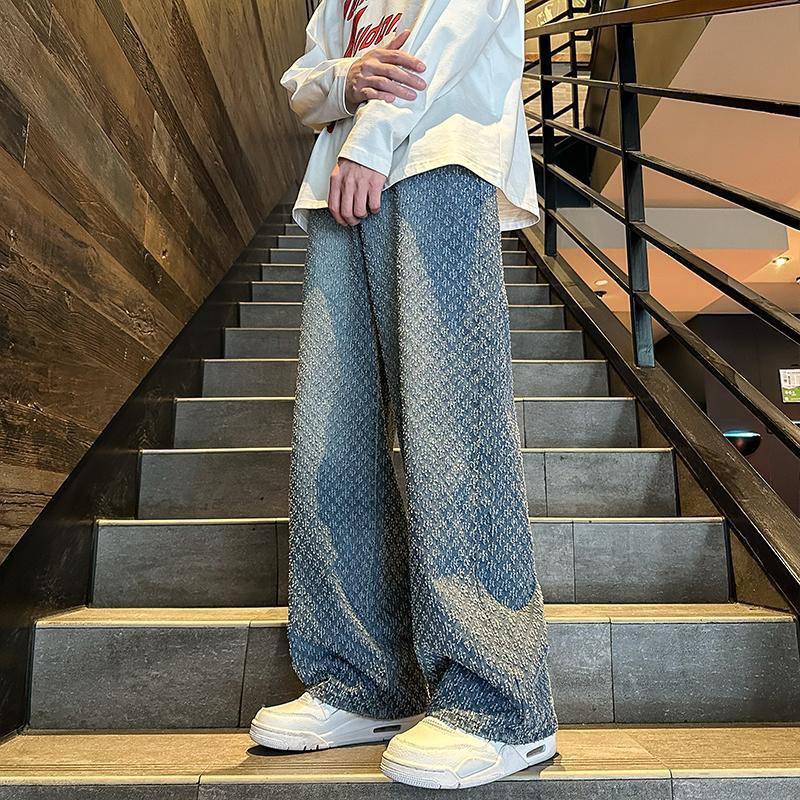 Men's Fashionable Wide-Leg Hip-Hop Jeans, Jacquard Print, Personalized Distressed High-Street Style