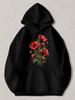 Black Pullover Hoodie with Red Poppy Flower Print Unisex Casual Sweatshirt with Kangaroo Pocket And Drawstring Hood Floral Graphic