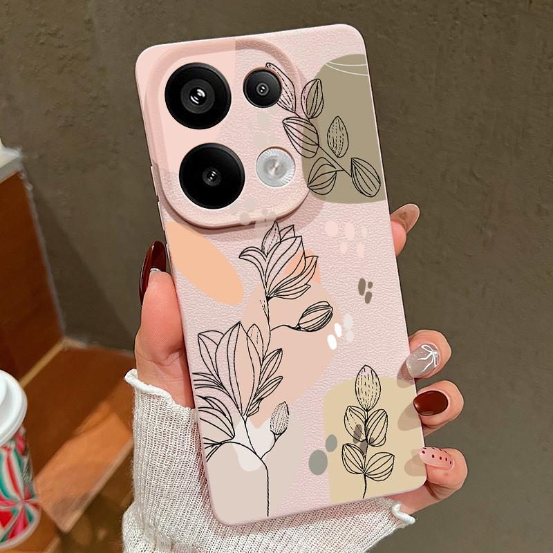 Simple Plant Floral Print TPU Matte Leather Texture Slim Phone Case For Xiaomi 13T Pro Poco X6 M6 Pro Redmi Note 14 Pro 13 12 11 Soft Shockproof Cover