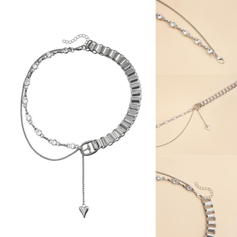 Colar Moderno com Coração e Franjas Comprimento Ajustável Corrente de Pescoço Cor Prata Gargantilha Acessório para Uso Diário