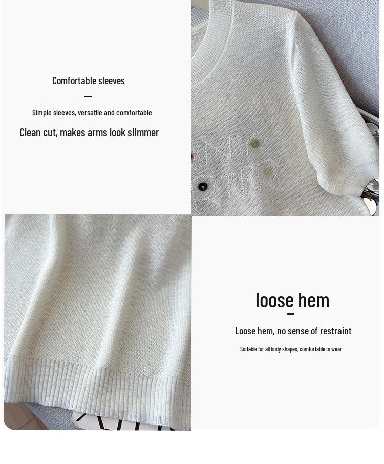 2026 Summer Versatile Embroidered Ice Silk Tencel Knit Women's T-Shirt