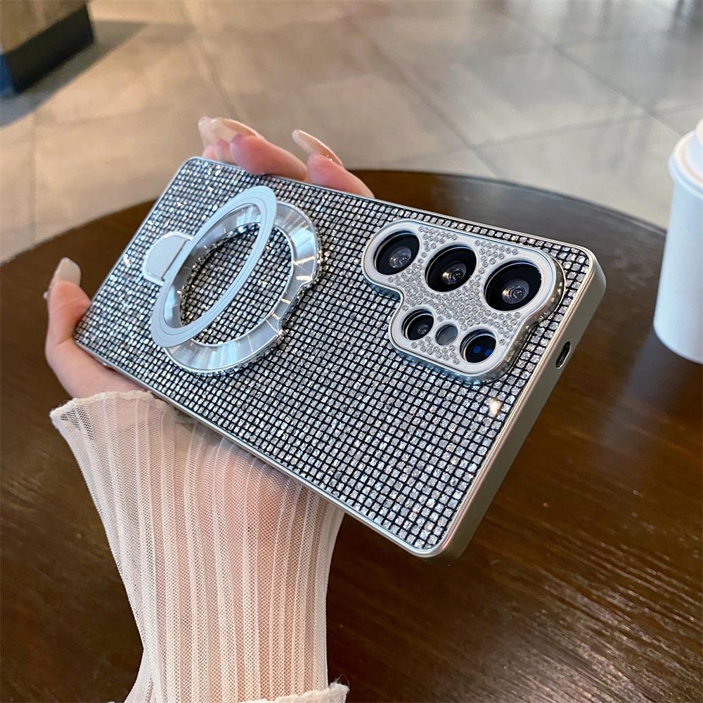 Bling Full Shinny Diamond Bracket Case For Samsung Galaxy S25 S24 S23 Ultra Plus Edge A07 A17 A14 A15 A24 Glitter Cover