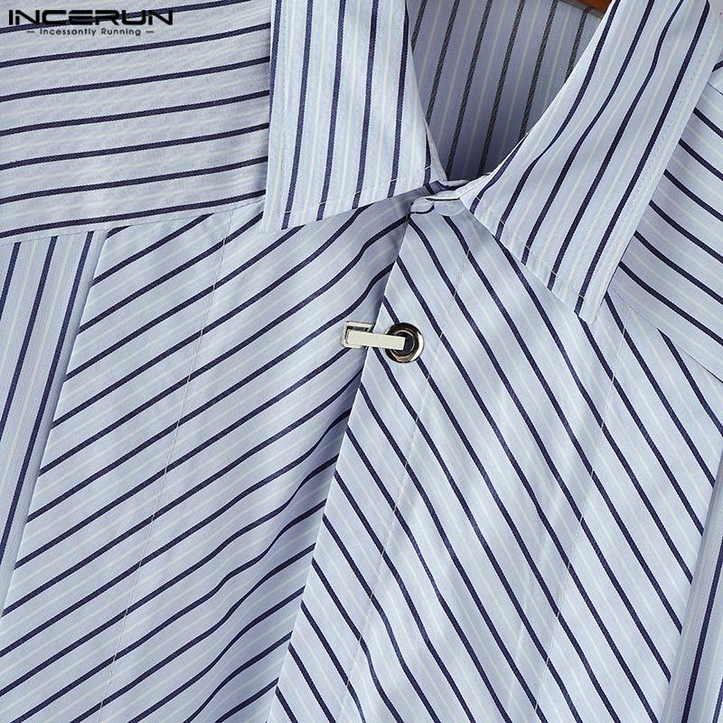 INCERUN Oversized Men Lapel Neck Short Sleeve Striped Print Pleating Shirts Tops