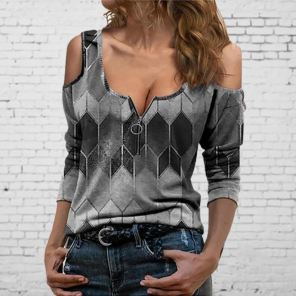 Fashion Women Lapel Geometric Print Zipper Long Sleeve Casual Blouse T-shirt Top