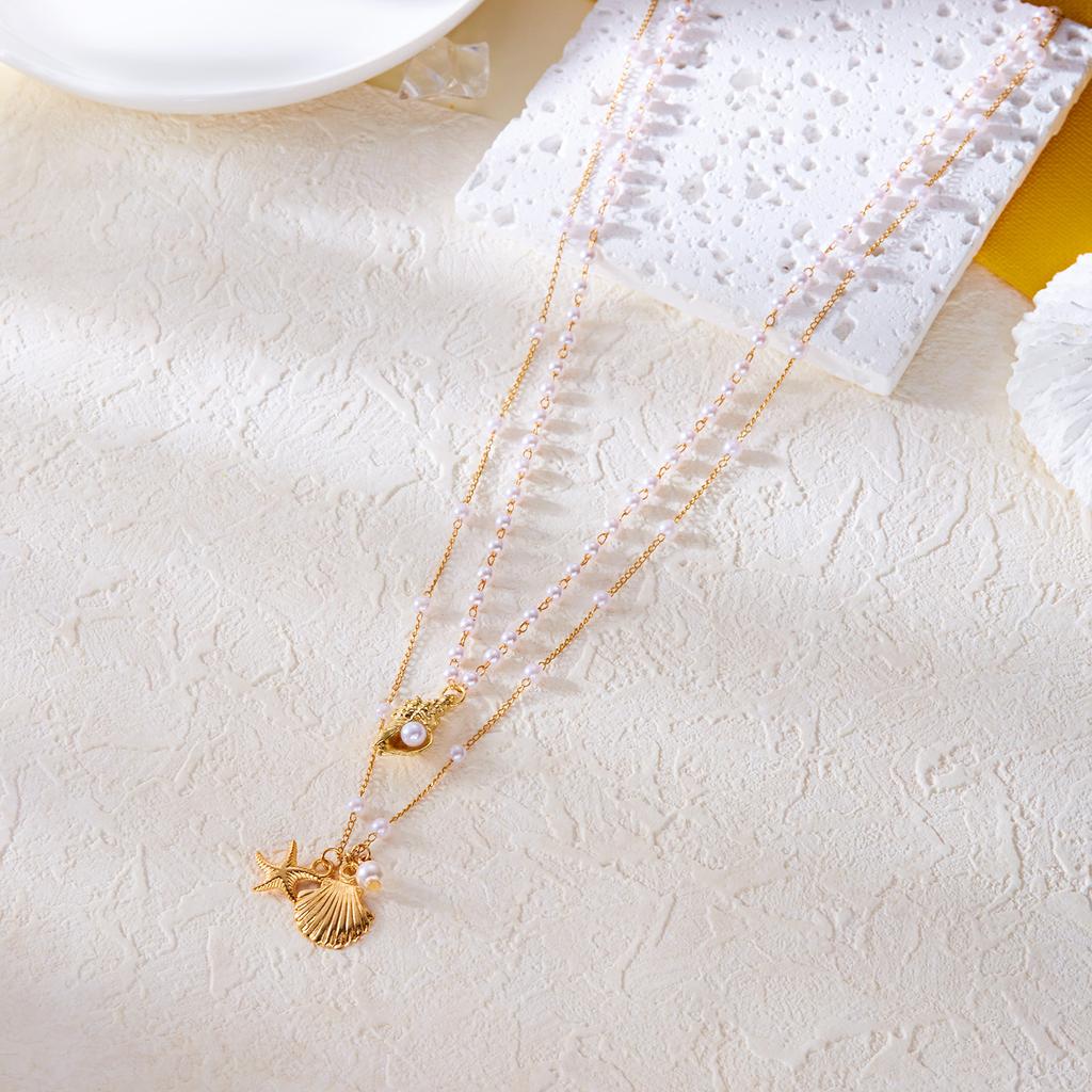 Boho Double Layer Imitation Pearl Shell Starfish Necklace for Women Beach Pendant Short Choker Neck Chain Jewelry Accessory