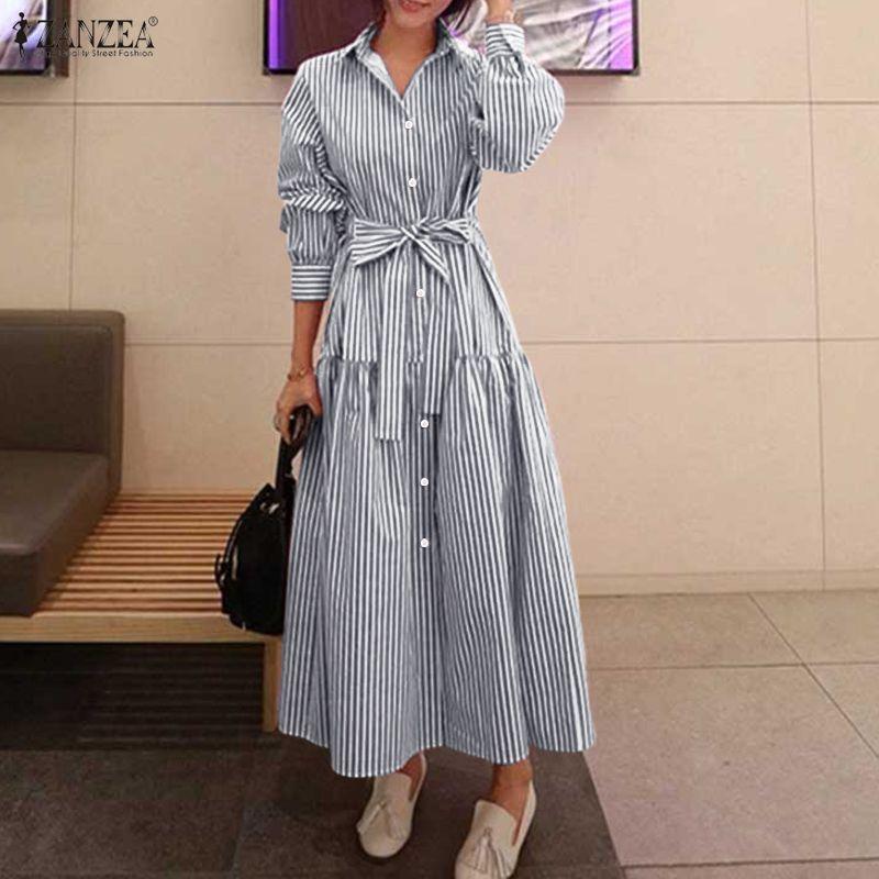 ZANZEA Women Casual Turn Down Collar Long Sleeve Loose Stripe Dress