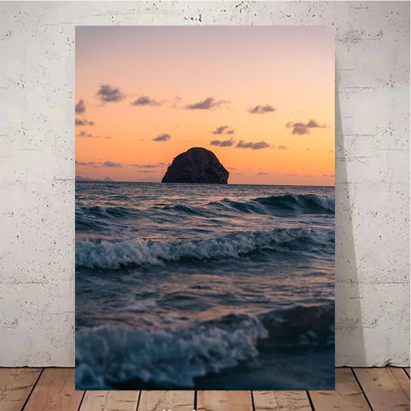 Caribbean Sunset Pink Sky Beach Sea Ocean Wave Canvas Wall Art Poster Bridge Palm  Print Painting Summer Home Decoration Gift