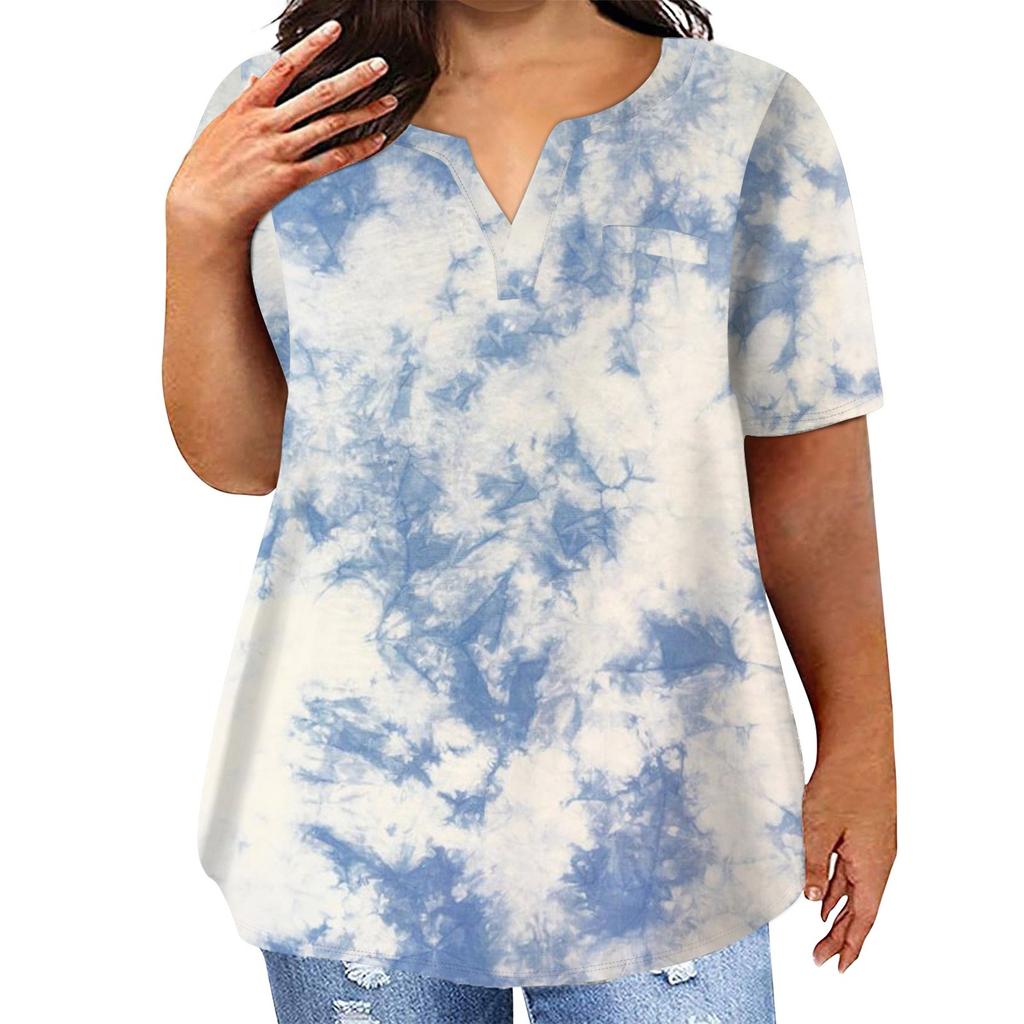T-shirt décontracté à manches courtes et col en V pour femme, grande taille, imprimé tie-dye, avec poches