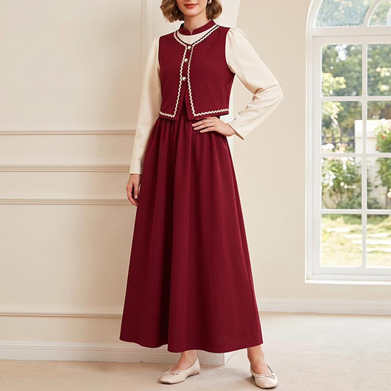ZANZEA Women Stand Collar Loose Casual Splice Long Sleeve Elegant Long Dress S