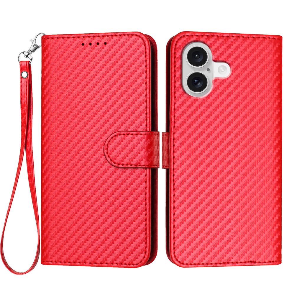 For iPhone 17 Wallet Case with Strap Carbon Fiber Texture Leather Mobile Cover