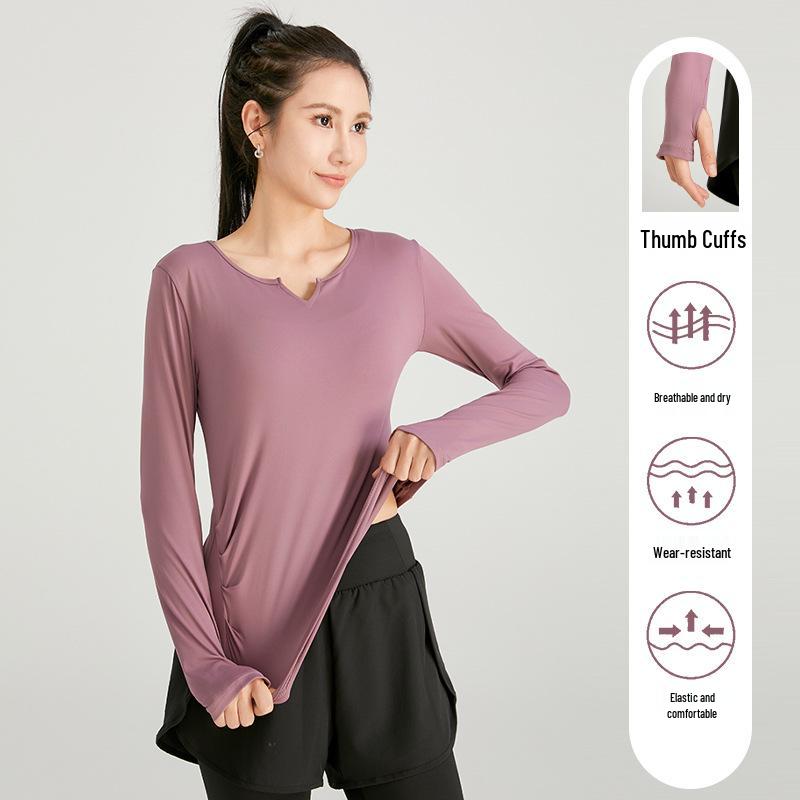 Women's Slimming V-neck Long Sleeve Fitness Top - Solid Color, Versatile for Outdoor and Yoga.