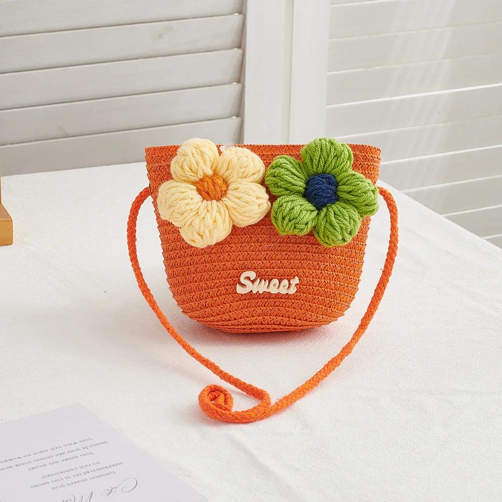 Summer Flower Baby Girls Straw Woven Shoulder Bags Outdoor Travel Kids Beach Crossbody Bucket Bag Casual Children Purse Handbags