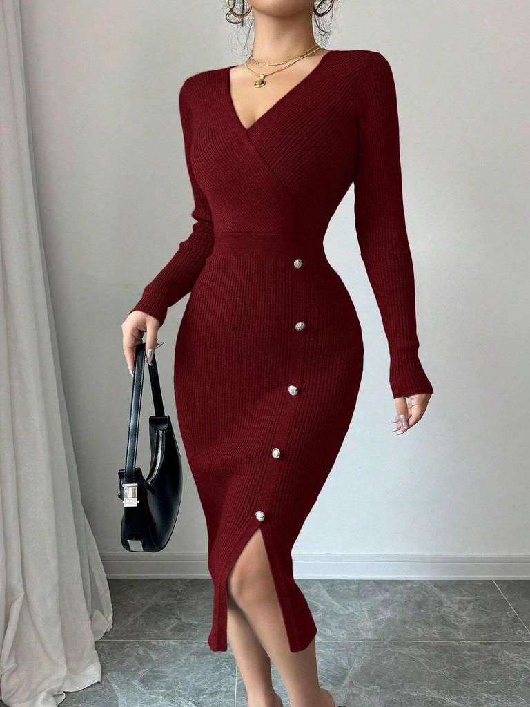 Women's Knitted Elegant Wrap Dress High Waist Bodycon Midi V-neck Long Sleeve Autumn Winter Dresses