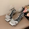 Rhinestone Bow with Sweet Middle Heel Sandals Summer Skirt Beautiful Square Head Large Size Sandals Women