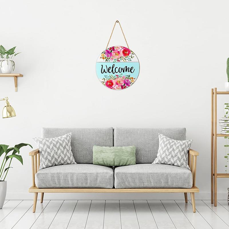 Flower Wooden Hanging Sign, Welcome Watercolor Floral Door Sign, 11.8"X11.8" Circle Farmhouse Rustic Front Door Hanger Sign