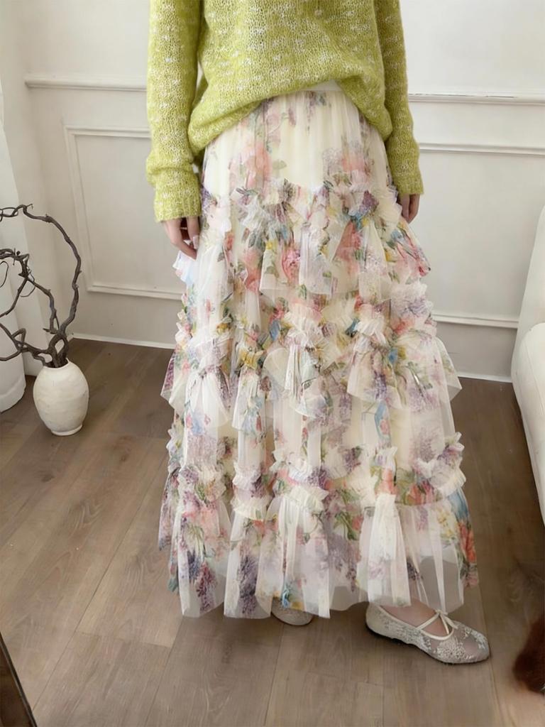 Seaside Fairy Mesh Floral Layered A-line Long Skirt for Women - Spring/Summer 2026 Collection.
