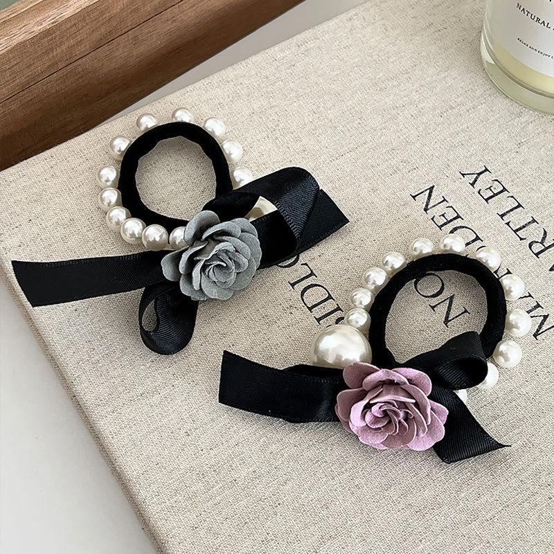 French Elegant Rose & Pearl Hair Scrunchie - Stylish Versatile Bow Hair Tie, Elastic Hair Band for Ponytails