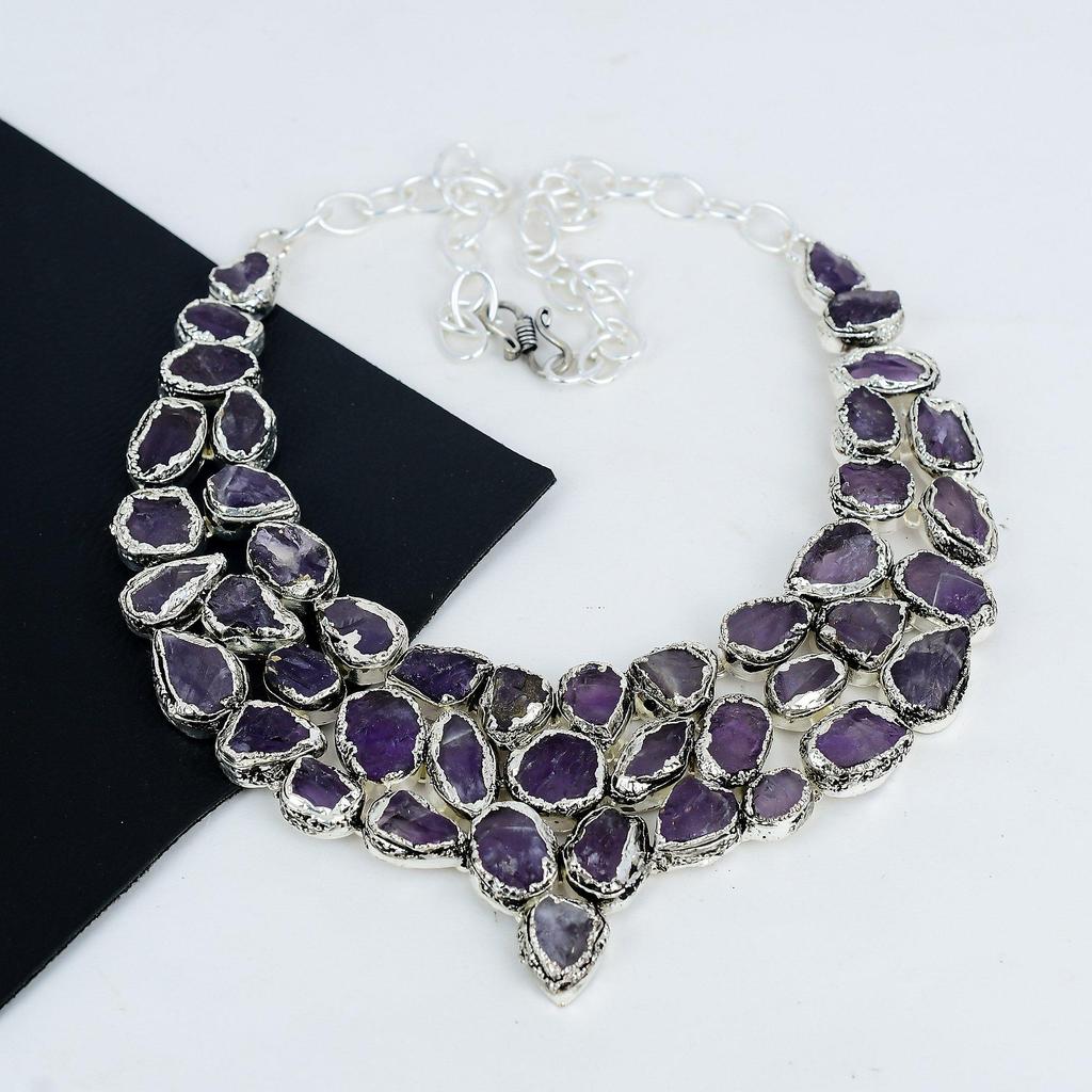 Dainty Raw Amethyst Gemstone Handmade 925 Sterling Silver Electroform Necklace, Raw Amethyst Silver Necklace For Wife, Unisex Necklace Easter Gift