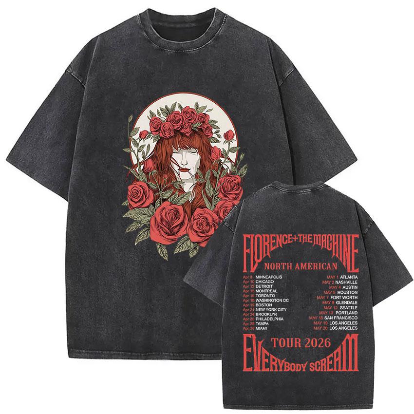 Florence and The Machine Tour  Vintage Washed T Shirt Men Women Harajuku Aesthetic Oversized Cotton Tshirts Yk Streetwear