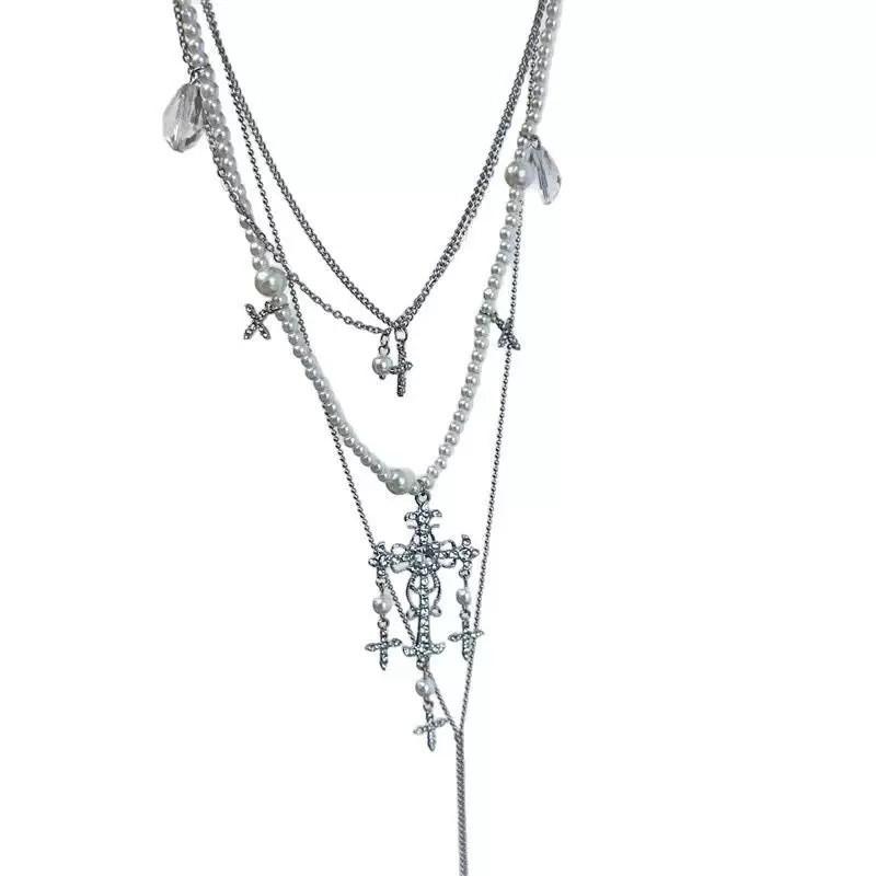 Layered Tassel Cross Pearl Necklace Women Minimalist Geometric Statement Choker Chain