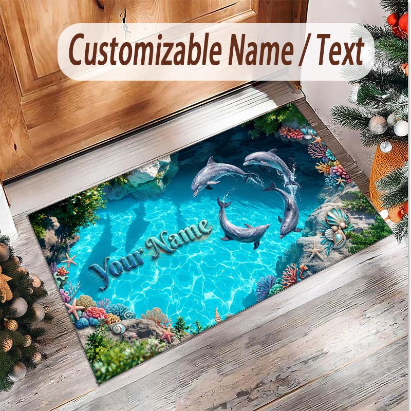 Fish Ocean Theme Soft Crystal Velvet Rug Custom Name & Text Print Non Slip Floor Rug for Bedroom Living Room