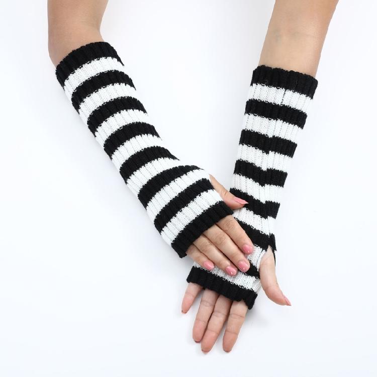 Teenagers Winter Half Finger Mitten Stripe Pattern Knit Keep Warm Lengthen Wrist