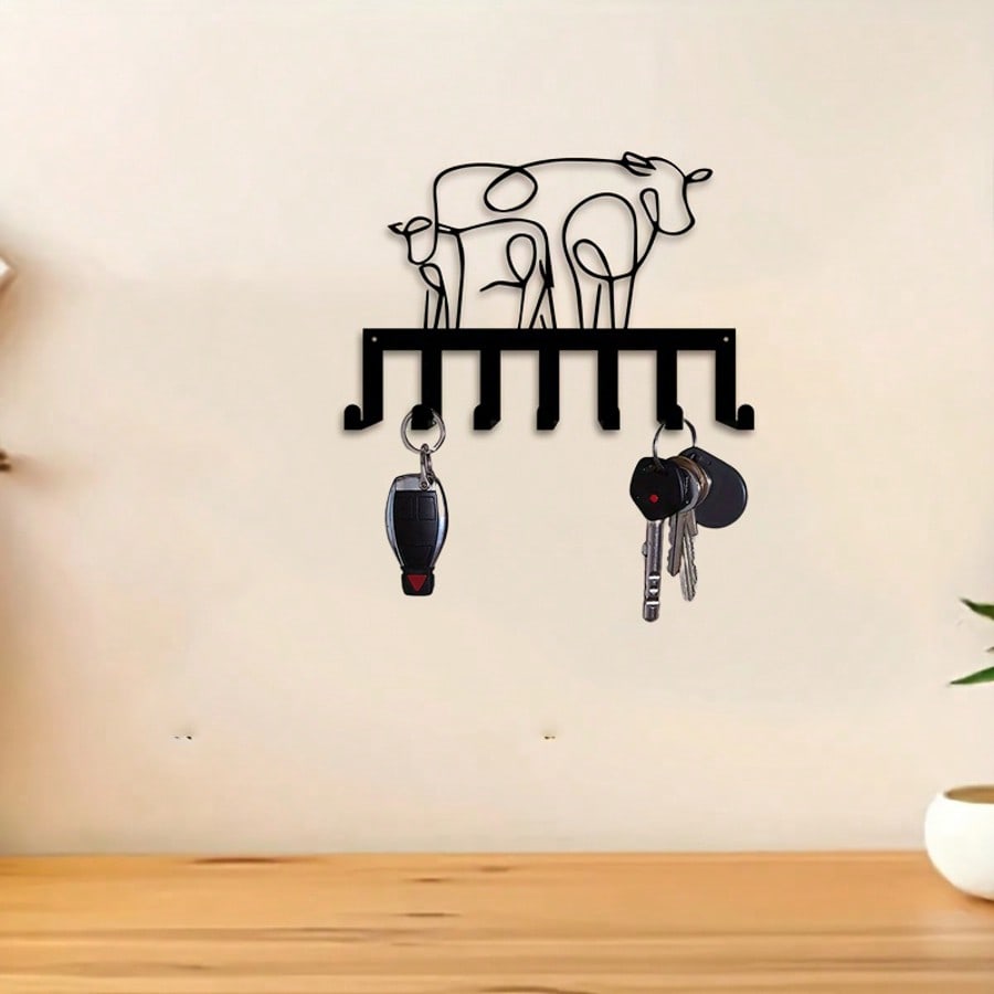 Retro Cow Key Holder Wall Decor Metal Wall Art with 7 Hooks Farmhouse Entryway Bedroom Animal Lover Gift Ironwork