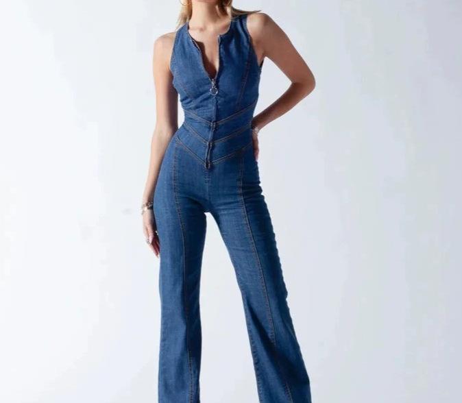 Women s Round Neck Sleeveless Jumpsuit Slim Fit Mid Rise Vintage Streetwear Denim Flare Leg Casual Retro Denim Romper S
