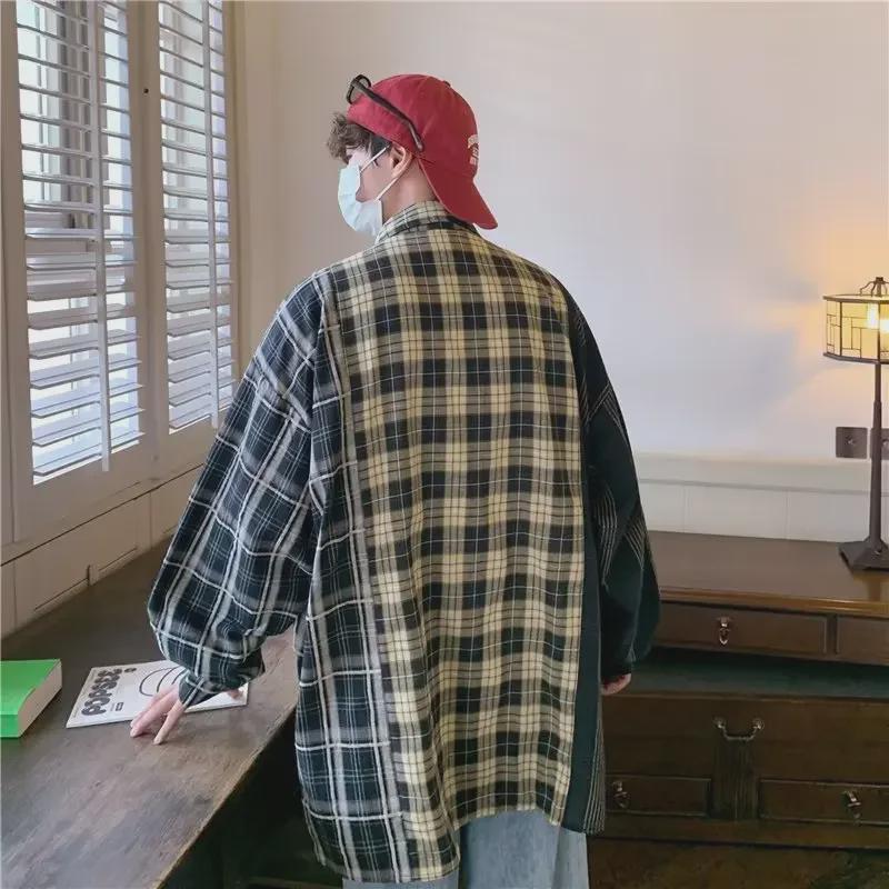 Men's Plaid Splicing Long Sleeve Shirt - Autumn Hong Kong Style Casual Jacket