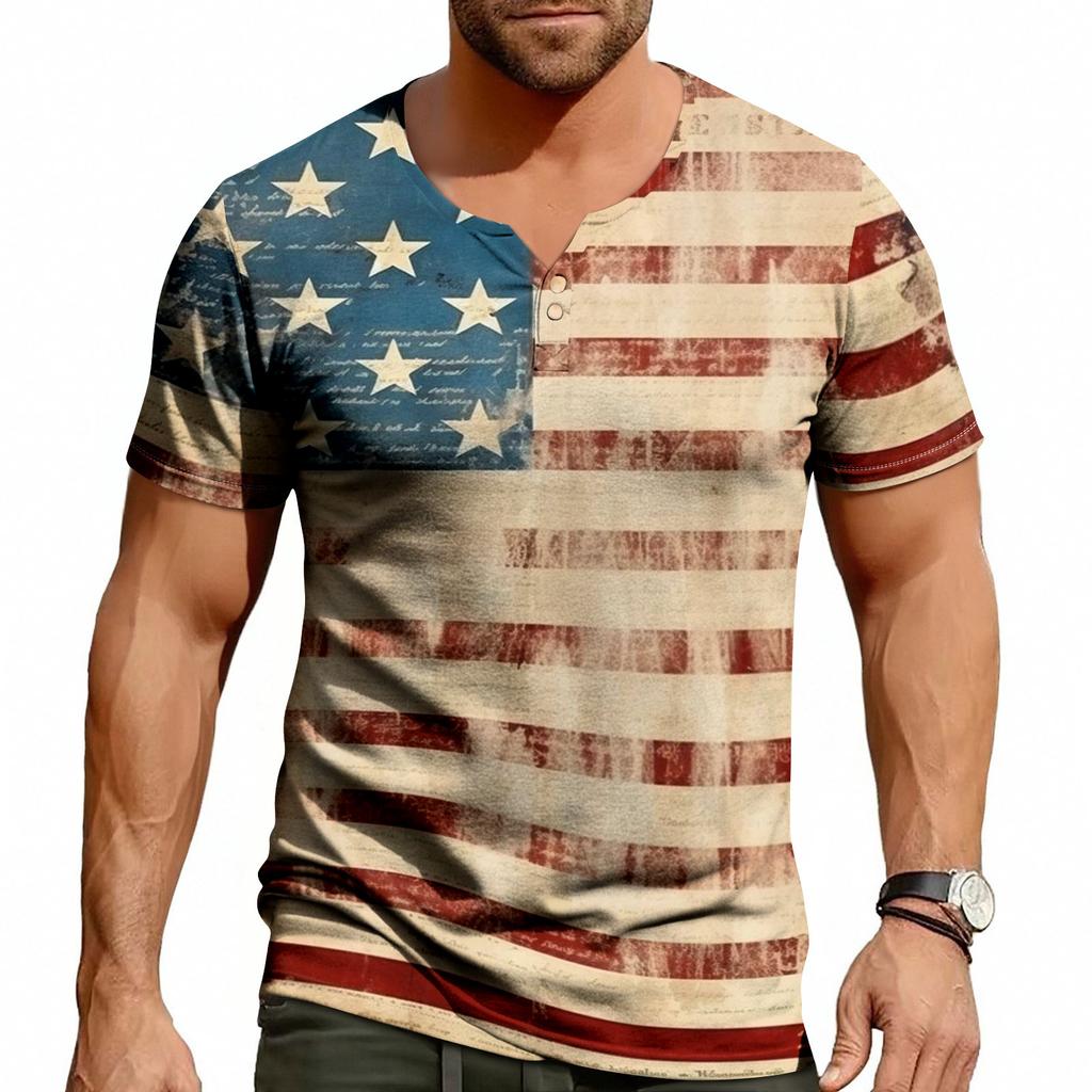 Men's Casual Summer V-neck Short Sleeved Top With Buttons, Independent Day Print Short Sleeved Top
