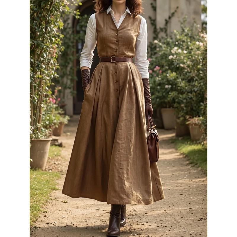 French Vintage Waist-Cinching Sleeveless A-Line Midi