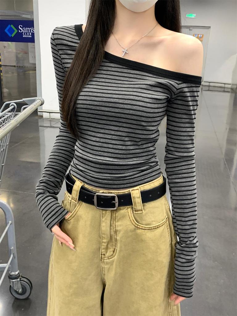 Stylish Slim-Fit Striped Off-the-Shoulder T-Shirt for Women – Spicy Autumn Vibe