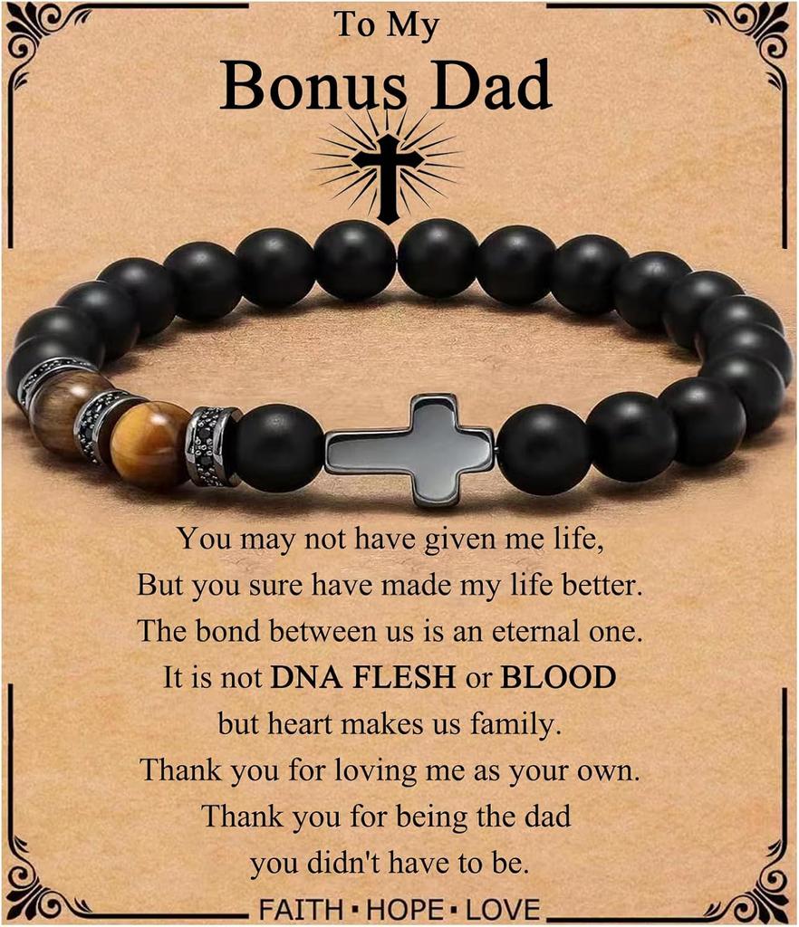 Kreuz Armband für Männer Sohn Bruder Taufe Kommunion Geburtstag Jahrestag Weihnachten Christlich Schwarze Tigerauge Perlen Schmuck