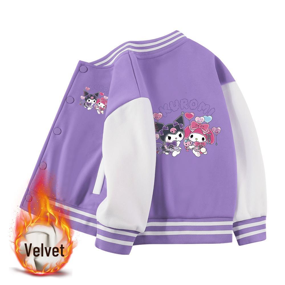 Kuromi Children's Baseball Jacket - Autumn/Winter Fashion, Girls' Plus Velvet Top, Medium & Large Sizes.